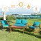 Costway 4PCS Wooden Patio Furniture Set Table Sofa Chair Cushioned Garden Turquoise